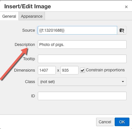 An arrow pointing out the description field for an image