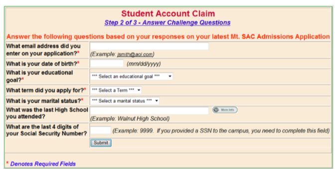 Account Claim Form Fields