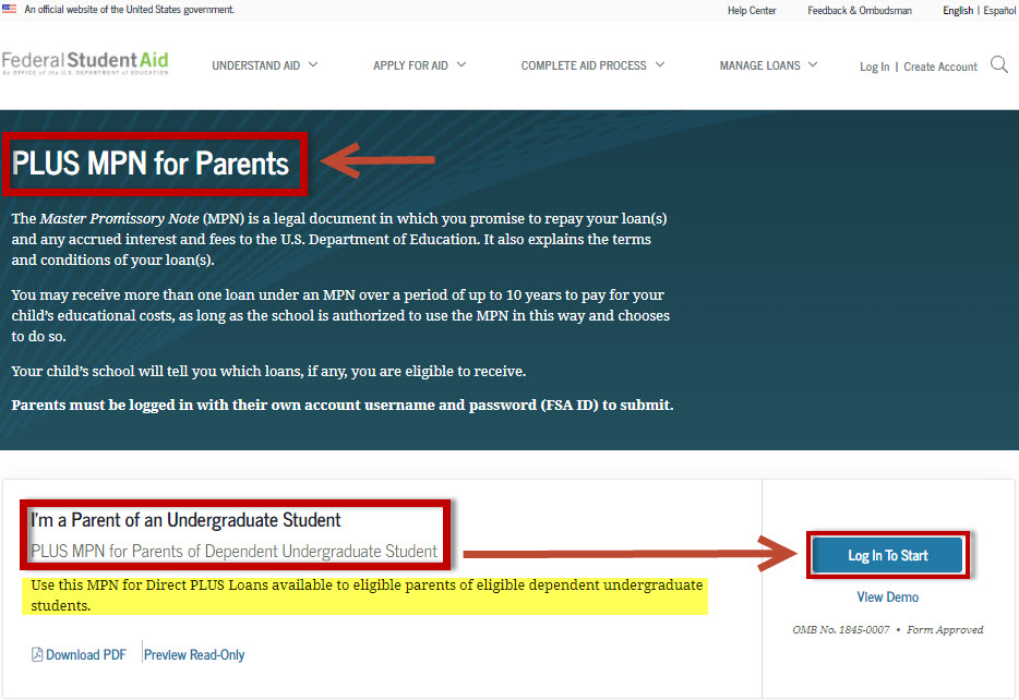 Federal Student Aid PLUS Master Promissory Note (MPN) for Parents website