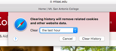 Screenshot of the Safari Clear History popup