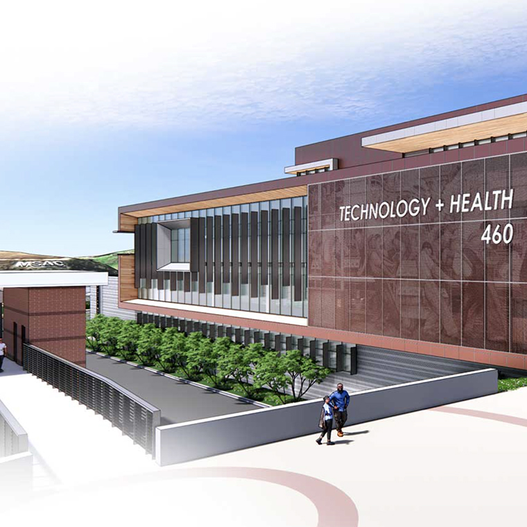 Color artist rendering of one side of the new Tech and Health building