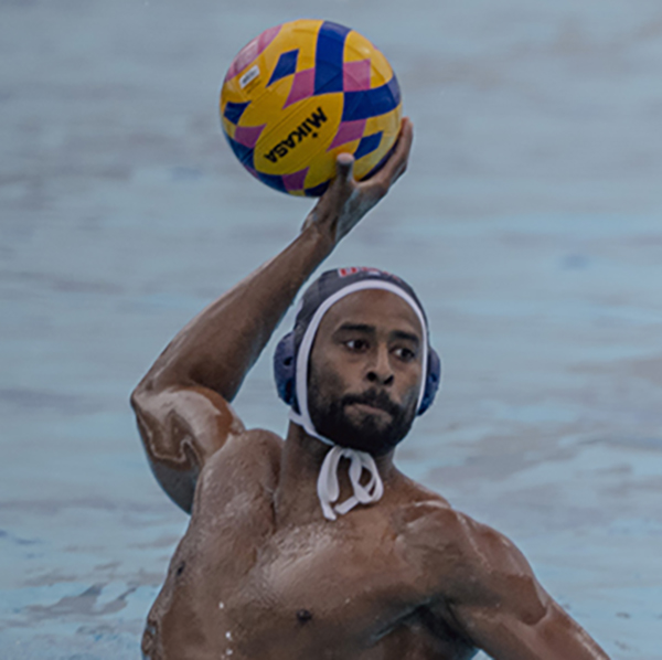 A U.S. water polo player in the Mt. SAC pool.