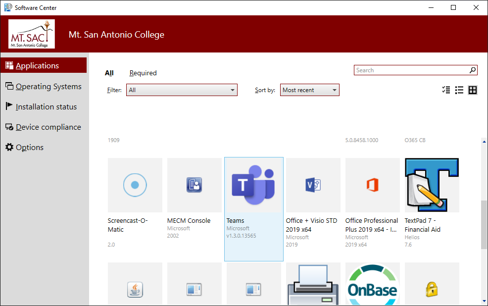 Screenshot showing the Mt. SAC Software Center with Teams selected