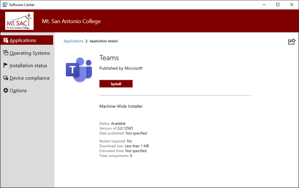Screenshot of the Mt. SAC Software Center with Teams selected and the Install option available