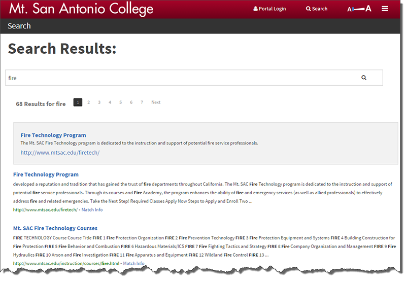 Webpage showing search results of the Fire Technology Program