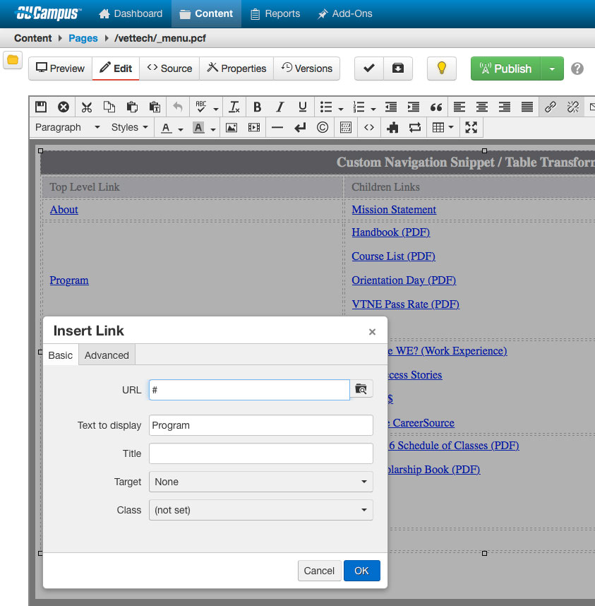 Screen capture of hierarchy links